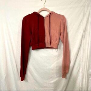 Two-Tone Cropped Hoodie - Red and Pink